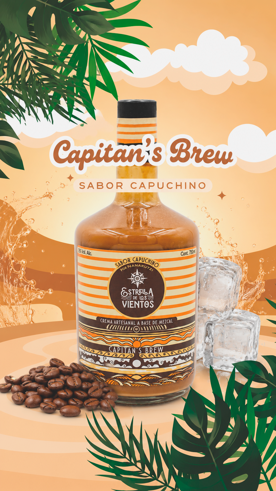 Botella de crema artesanal de mezcal Estrella de los Vientos Capitan's Brew sabor capuchino